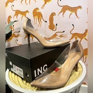 INC clear and nude heels